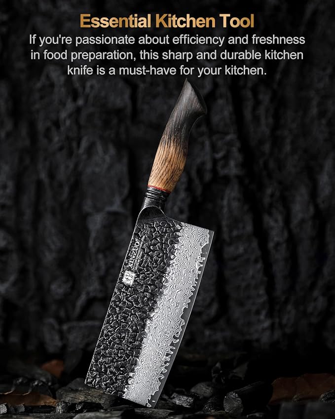 XINZUO 7.3 Inch Vegetable Cleaver Knife,10Cr15Comov Steel Core Forged Damascus Steel,Sharp Slicing Knife For Home Kitchen And Restaurant,Ergonomic White Oak + Red G10 Gasket Handle
