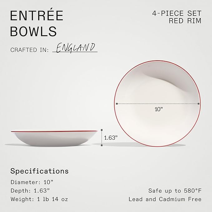 Made In Cookware - Set of 4 - Entrée Bowls - White With Red Rim - Porcelain - Crafted in England