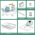 MOUKABAL Dish Drying Rack - Stainless Steel Dish Rack, Dish Racks for Kitchen Counter, Drying Rack Kitchen with Removable Utensil Holder, Drainboard and Glass Organizer (White)