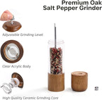 Wooden Salt and Pepper Grinder Set, Premium Oak Wood Salt Grinders Shakers, Pepper Mill with Acrylic Clear Window, Adjustable Ceramic Grinder - 8 inches, 2 Pack