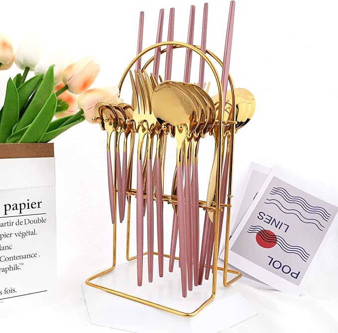 Pink Gold 24Pcs Flatware Set With Stand, Lightweight Dinnerware Set Stainless Steel Cutlery With Pink handles For Home Kitchen Wedding Party And Daily Use,Service For 6, Mirror Polish