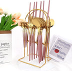 Pink Gold 24Pcs Flatware Set With Stand, Lightweight Dinnerware Set Stainless Steel Cutlery With Pink handles For Home Kitchen Wedding Party And Daily Use,Service For 6, Mirror Polish
