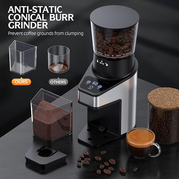 Burr Coffee Grinder Electric, Coffee Bean Grinder with 60 Adjustable Grind Settings for Home Use, Espresso Grinder with 60s Precision Timer & 1-8 Cup, Anti-static, Stainless Steel, Black(updated)