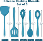 TeamFar Cooking Utensils Set, Silicone Kitchen Utensils of 5, Cooking Spoons Turners Pasta Server for Nonstick Cookware, Healthy & Heat-Resistant, Seamless & Non-Scratch, Dishwasher Safe, Dark Blue