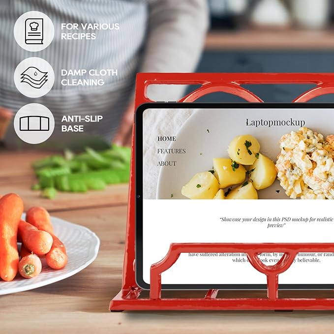 JOGREFUL Cookbook Stand, Cast Iron Heavy-Duty Recipe Book Holder, Kitchen Vintage Recipe Book Holder, Reading Rest Holder for Easel/Counter/Books/Magazine/iPad/Bible, Vine Pattern, Red