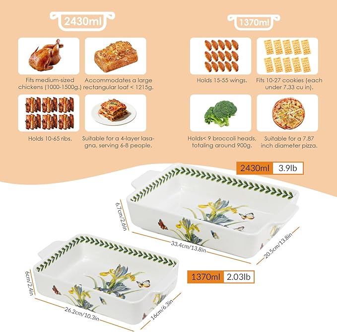 ACMLIFE Ceramic Casserole Dish for Oven, Floral Baking Dishes for Oven Lasagna Pan, Large Baking Dish with Handles, Durable and Oven Safe Pan, for Roasting and Baking, Gift Packaging 2 Pcs Set(13"x8"+10.3"x6.3") (Iris)