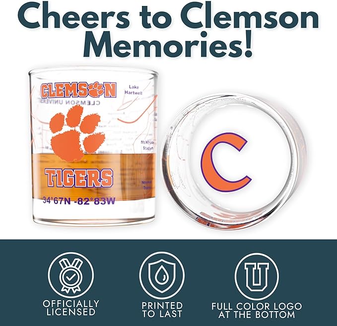 Greenline Goods – University of Clemson Tigers College Whiskey Glasses (Set of 2), 10 oz – Full-Color Logo + Campus Map