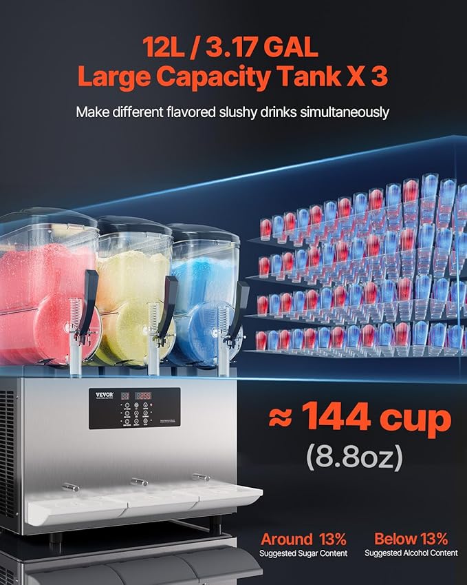 VEVOR Commercial Slushy Machine, 12Lx3 Triple Tank Frozen Drink Machine, 144 Cups Stainless Steel Margarita Smoothie Frozen Drink Maker, Slushie Maker for Home Party Restaurants Cafe Bars