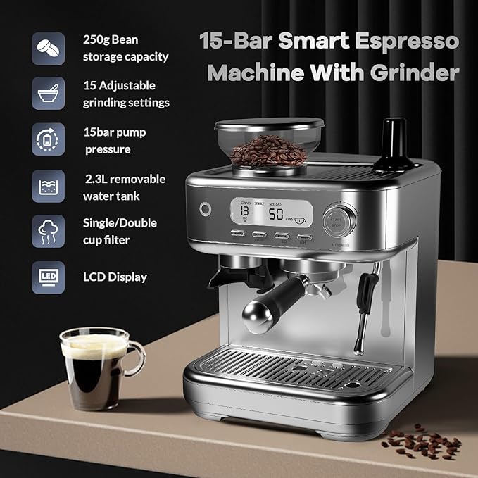 Automatic Espresso Coffee Machine with Grinder, Steam Milk Frother, LCD Display, 78 OZ Removable Water Tank for Cappuccino and Latte