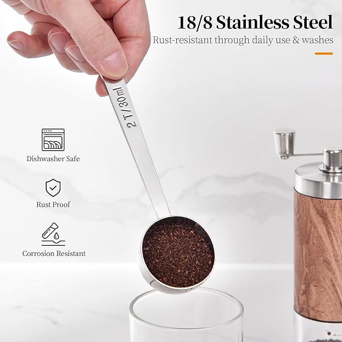 Long Handle Coffee Scoop: 18/8 Stainless Steel 5.98 Inch 2 Tablespoon Metal Measuring Spoon Tbsp Scoop for Coffee Beans, Grounds Coffee, Coffee Powder, Tea, Tall Jars (2Tbsp/30ml)
