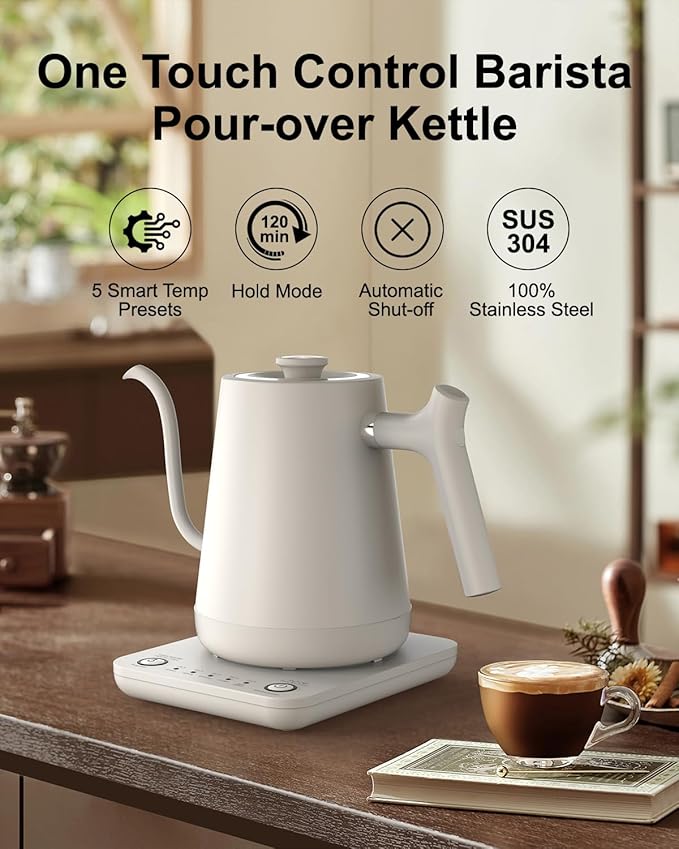 Gooseneck Electric Tea Kettle Pour-Over Kettle for Coffee, with 5 Variable Presets, 100% Stainless Steel Inner, with Keep Warm and Mute Function 0.8L, 1000W Quick Heating, Matte white