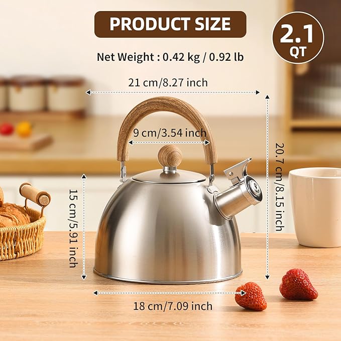 18/8 Stainless Steel Tea Kettle for Stovetop (2L / 2.1 Quart Whistling Tea Pot, Wood Handle)-Silver