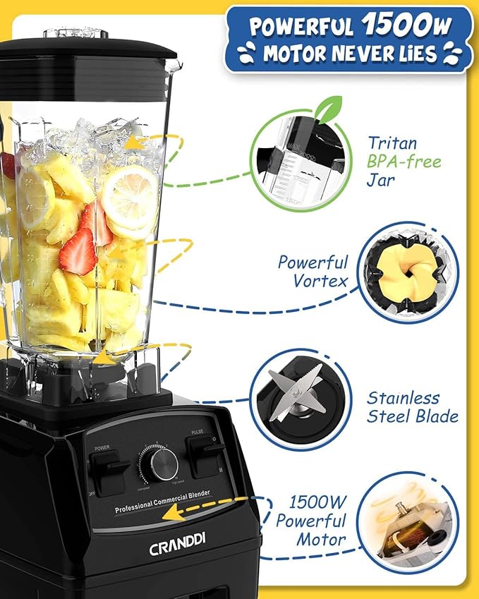 CRANDDI Professional Blender,1500 Watt Commercial Blenders for Kitchen with 70oz Capacity and Self-Cleaning, Classic Blenders for Shakes and Smoothies, Build-in Pulse, YL-010-B