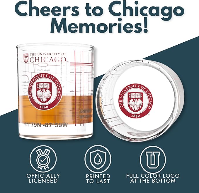 Greenline Goods – University of Chicago Maroons College Whiskey Glasses (Set of 2), 10 oz – Full-Color Logo + Campus Map