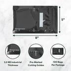 5" x 8" Recloseable Zip Storage Bag (100 Count) 5.5 Mil Durable - BPA Free Commerical Food Grade Reusable Resealable Zipper Vacuum Seal (Black and Black)