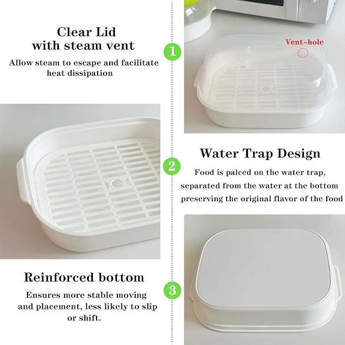 Microwave Steamer for Vegetables, Plastic Microwave Vegetable Steamer with Lid for Vegetables Prep Seafood Fish Cooking, White-Rectangle, 10.6Inch