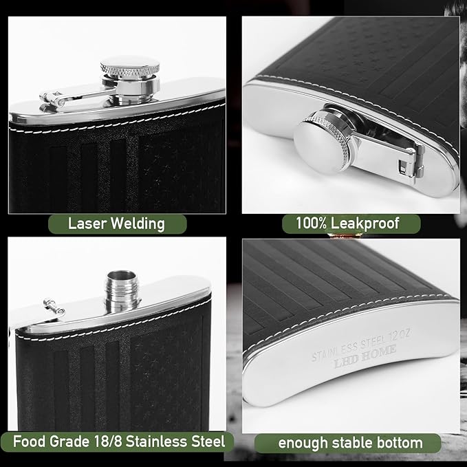 Flask For Men,350ml/12oz Hip Flask, 304 Food Grade Stainless Steel,2 Cups And Funnel Portable Gift Box For Whiskey Rum Groomsman Best Man Usher Wedding-Leather America Flag Black