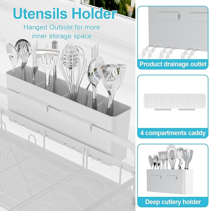 Dish Drying Rack for Kitchen Counter - Large Capacity Dish Drying Rack with Drainboard, Kitchen Sink Dish Rack, Countertop Dish Drainer Rack with Cutlery Holders Dish Dryer Rack White