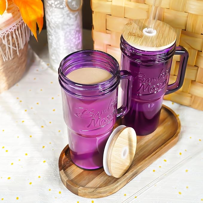 ANOTION Glass Cups with Handle, 24oz Glass Cups with Lids and Straws Travel Coffee Mug Bamboo Mason Jar Iced Cup Smoothie Tea Clear Cute Water Drinking Jars Glasses, Purple