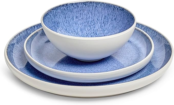 Sango Cove 12-Piece Blue Stoneware Dinnerware Set – Service for 4, Plate & Bowl Set, Blue with a White Speckled Underglaze, for Daily Dining & Entertainment, Microwave & Dishwasher Safe