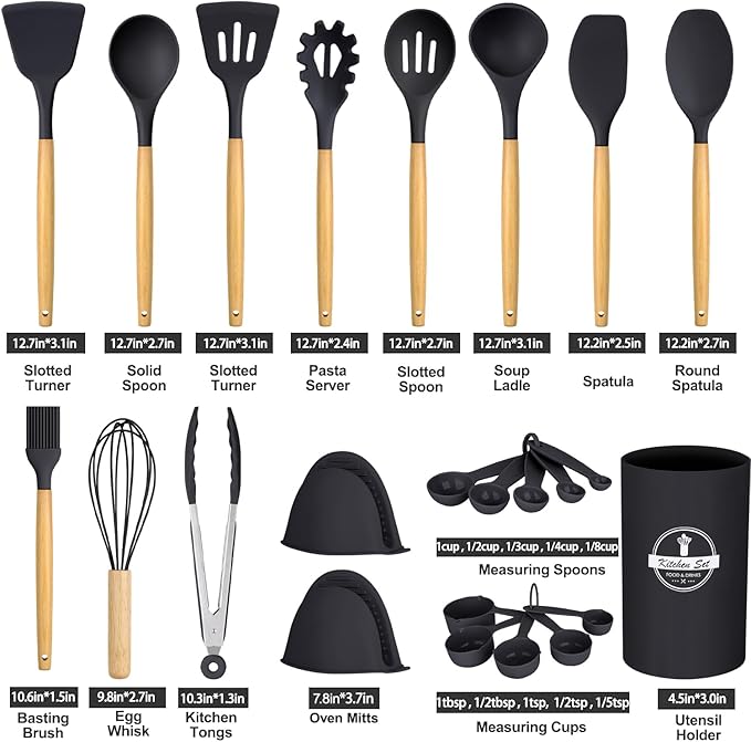 24 Pcs Kitchen Cooking Utensils Set,446°F Heat Resistant Non-Stick Silicone Kitchen Utensil Set With Wooden Handles and Holder,Kitchen Gadgets for Cookware,Kitchen Accessories,Black