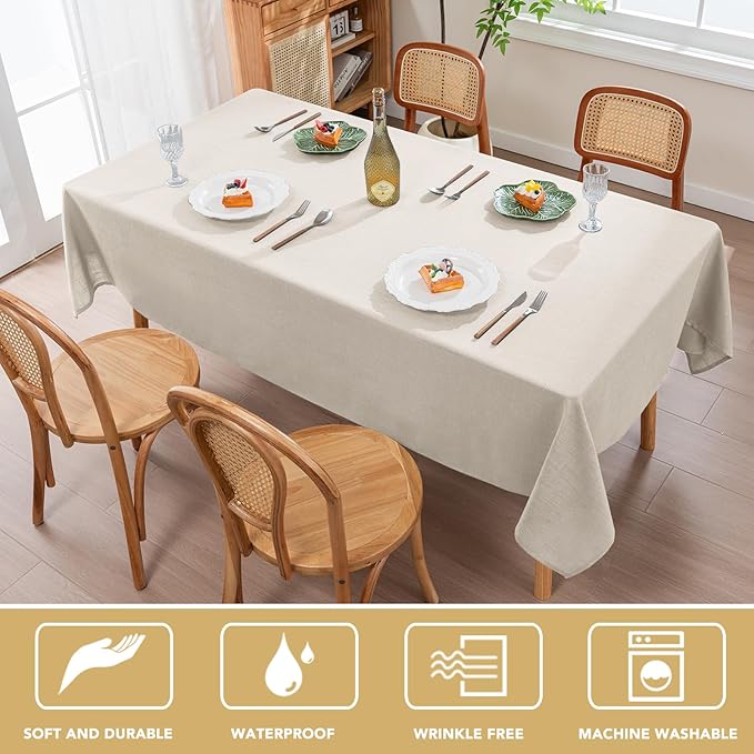 H.VERSAILTEX Linen Table Cloths Rectangle 60 x 104 Inch Premium Tablecloth Spill-Proof Waterproof Table Cover for Dining Buffet Feature Extra Soft and Thick Fabric Wrinkle Free, Natural
