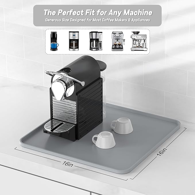 Silicone Coffee Mat,16"×16" Waterproof Heat Resistant Bar Mat for Espresso Machine Station Accessories,Non Slip Dish Drying Mat for Kitchen Counter,Home Decor Essentials,Grey