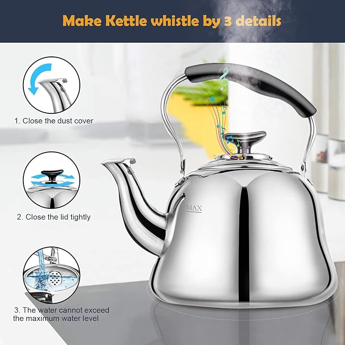 Tea Kettle Stovetop Whistling Teakettle ClassicTeapot Stainless Steel Tea Pots for Stove Top with Heat-resistant Folding Handle Mirror Finish, 2 liters