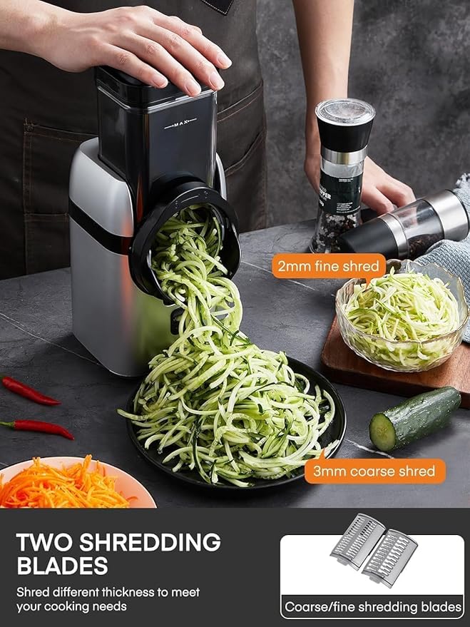 FOHERE Electric Cheese Grater, Upgraded 6-IN-1 Large Feed Chute Electric Vegetable Slicer with Different Blades and Storage Box, Cheese Shredder, Electric Slicer for Cheese, Fruits, Vegetables