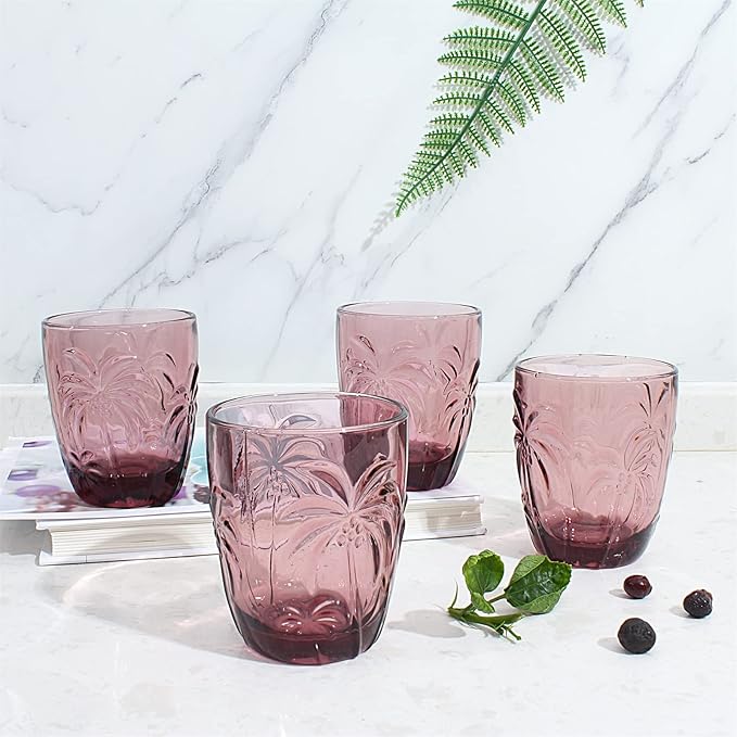 M&N HOME Colored Whiskey Glasses, Set of 4 Colorful Drinking Glasses, 9 Oz Coconut Cups, Glass Tumblers, Glass Cups for Water and Juice, Tiki Cups, Tropical Themed Glassware Set - PURPLE SET