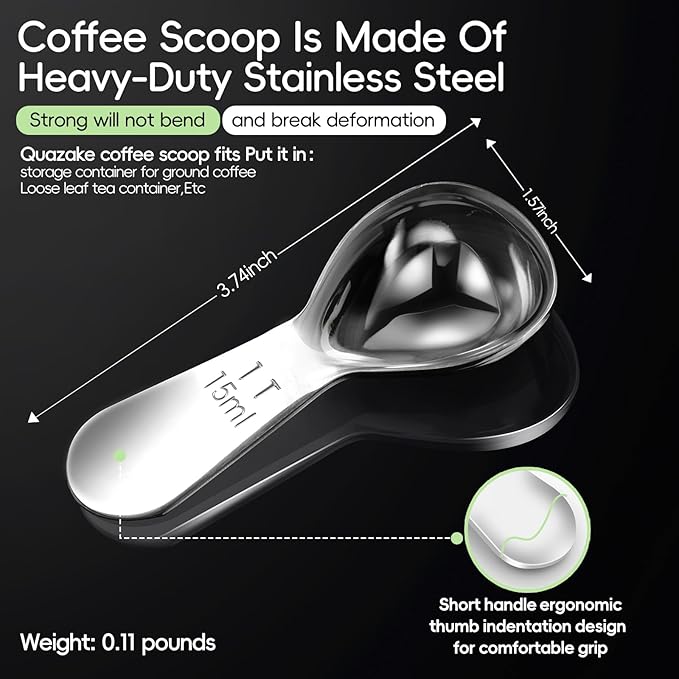 Coffee Scoop set,1&2Tablespoon Measuring spoon (2pieces) Ergonomic sdesign stainless steel manufacture,Coffee Scoop for Ground Coffee, Fits inside Airscape Canisters. (1TBSP&2TBSP(15ML&30ML))