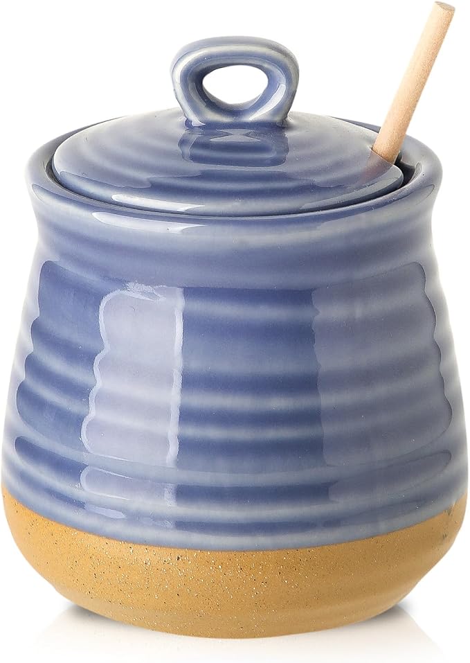Hasense Honey Jar with Dipper, Ceramic Honey Dispenser Pot with Lid and Wooden Dipper, Vintage 12 oz Containers for Home Kitchen Coffee Bar Decor, Dishwasher Safe, Sky Blue