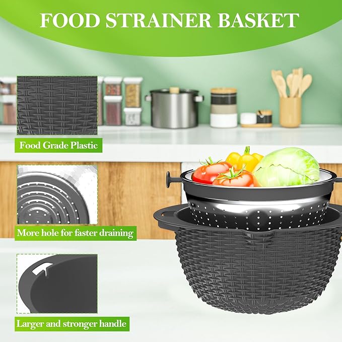 4-1 Colander with Bowl Set - Colander for Kitchen - Strainers and Colanders - Pasta Strainer - Funny Presents for Women - Fruit Cleaner Veggie Wash Kitchen Essentials, Grey