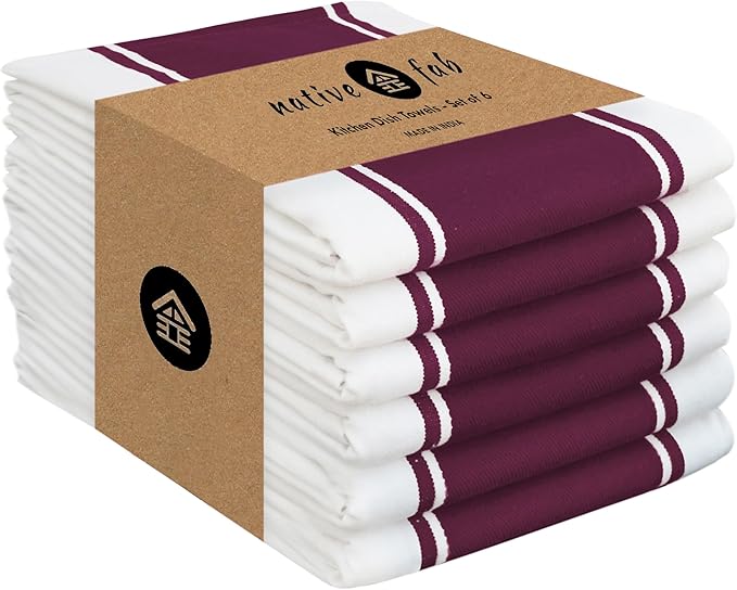 Native Fab Kitchen Towels 18 x 28 Inch, Set of 6, Wide Stripe, Super Absorbent, Quick Dry, Soft, 100% Cotton Dish Towels for Wiping Hands, Drying Dishes, Cleaning Dishcloths Set - Burgundy (Maroon)