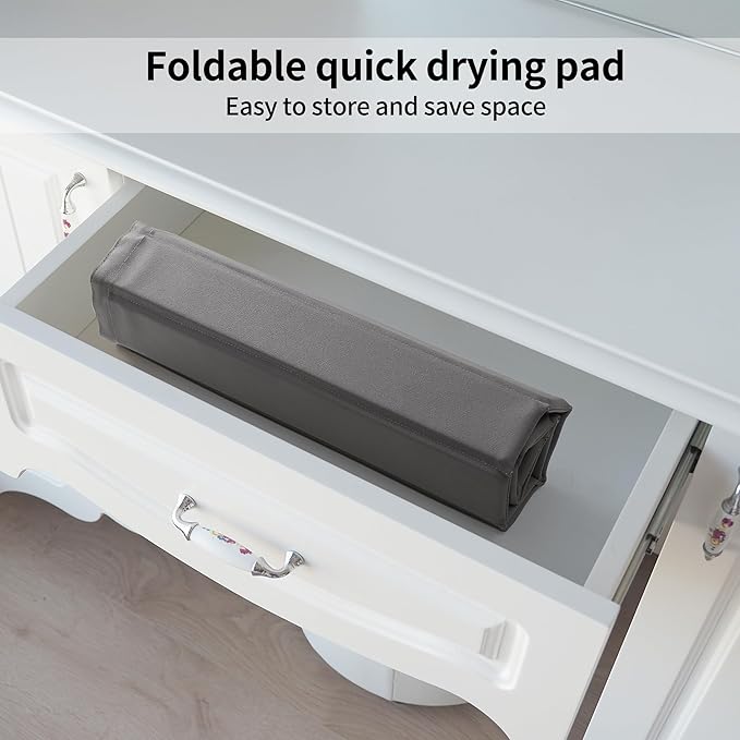 Stone Dish Drying Mat with PU Leather Surface for Kitchen Counter, Water-Absorbent Collapsible Roll up, Quick Dry, Non-Slip for Cups Dishes Bottles,Removable and washable(Medium Gray, 23.6”x15.4”)