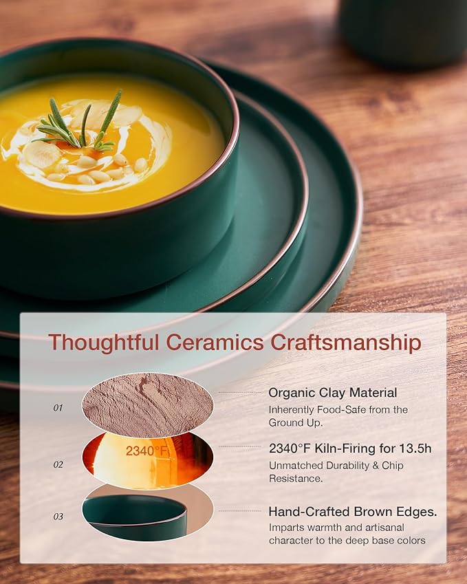 Famiware Nebula Ridge Stoneware Dinnerware Sets, Plates and Bowls Sets for 4, 12 Pieces Dishes Set, Microwave and Dishwasher Safe Kitchen Plates, Dark Green