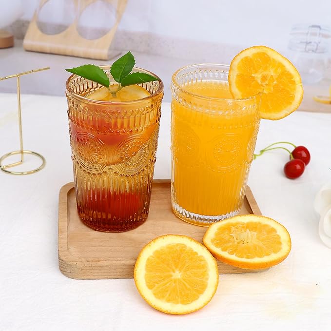 6pcs Vintage Drinking Glasses Set, 12 oz Amber Highball Glasses, Embossed Ribbed Glassware Cups for Thanksgiving Cocktail, Juice, Whiskey