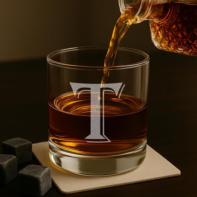 (T-Monogram)- 4 Piece Set of 11 Ounce Engraved Heavy Base Rocks Glasses Elegant Glass-Multi-Purpose Beverage-Rocks Glass- Gift for any Occasion- By: On The Rox