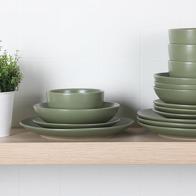 Gibson Home Queenslane 16-Piece Matte Green Stoneware Dinnerware Set – Double Bowl Plates and Bowls, Durable Kitchen Dinner Set