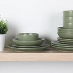 Gibson Home Queenslane 16-Piece Matte Green Stoneware Dinnerware Set – Double Bowl Plates and Bowls, Durable Kitchen Dinner Set