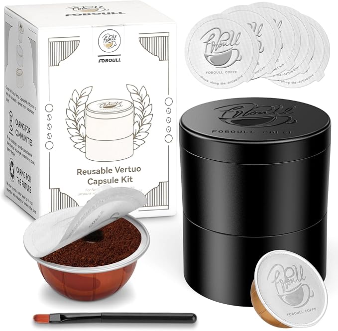 Reusable Kit for Nespresso Pods Vertuo, 50 Pcs Aluminum Foil Seal Lids, Holder & Brush Included – for Refilling Nespresso Vertuo/Vertuoline Pods, Refillable Coffee Capsules Tool Set