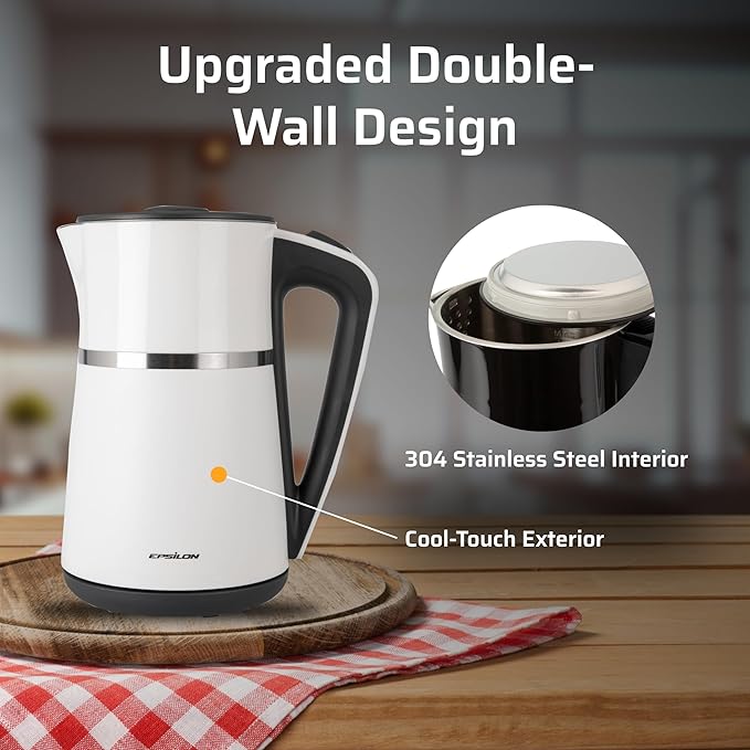 Epsilon Double Wall Electric Kettle 1500W – 1.7L Hot Water Tea Kettle & Hot Water Boiler with Auto Shut-Off, Boil Dry Protection, BPA-Free Stainless Steel Electric Teapot, Fast Boil, Cool Touch Design