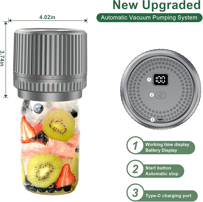 M12 Auto Stop Electric Mason Jar Vacuum Sealer - 2025 Upgrade Smart Jar Vacuum Sealer for Mason Jars with Wide and Regular Mouth Canning Jar Lids Portable Mason Jar Sealer Machine Kit