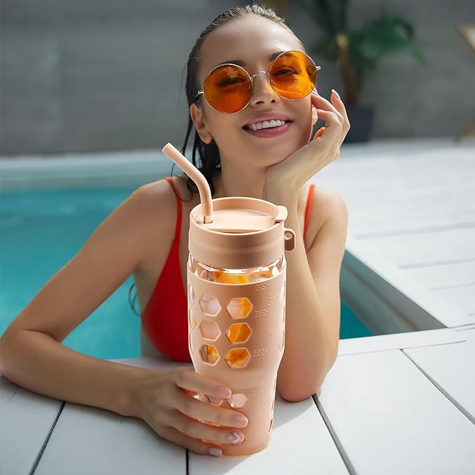 MUKOKO 32 oz Glass Tumbler with Straw,Glass Water Bottles with Time Marker,Iced Coffee Cup with 2 Lids-Handle Spout Lid&Straw Lid,Silicone Sleeve,Leakproof,1 Pack-Amber