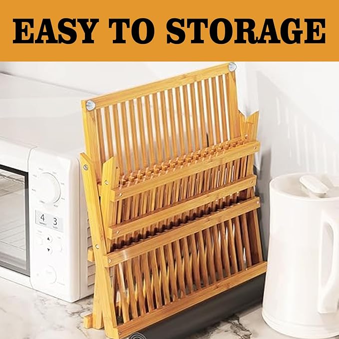 Bamboo Dish Drying Rack for Kitchen - Collapsible 3-Tier Wooden Folding Drainer with Utensil Holder and Dish Strainer Board for Countertop, Sink, and Racks Dryer (Natural)