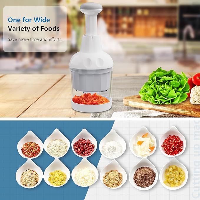 Food Chopper, Handheld Veggie Chopper for Vegetable, Onion, Garlic, Nut, Hand Vegetable Cutter, Dishwasher-safe, Stainless Steel Blade, White.