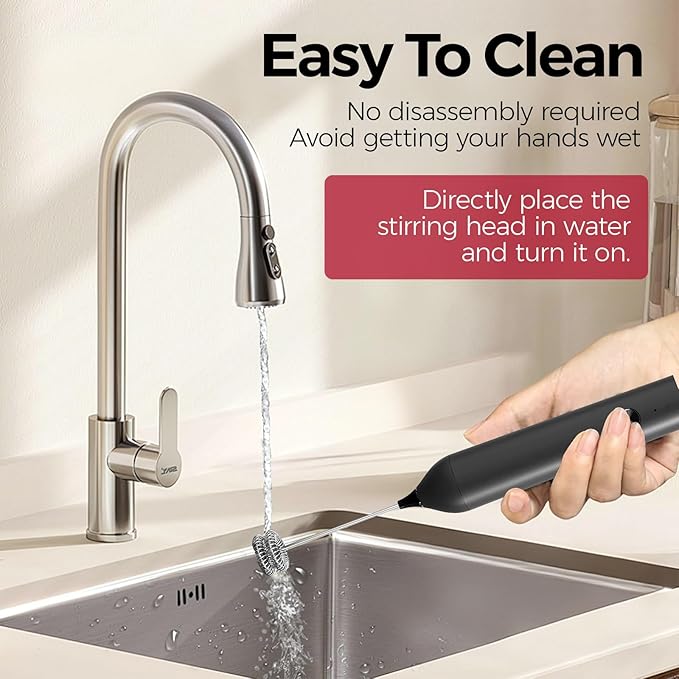 YARRAMATE Electric Milk Frother Wand with Stainless Steel Whisk and Stand, Fast Rechargeable Coffee Mixer with 3 Speeds, Handheld Drink Stirrer, Whisk Foam Maker for Lattes, Cappuccino, Matcha (Black)