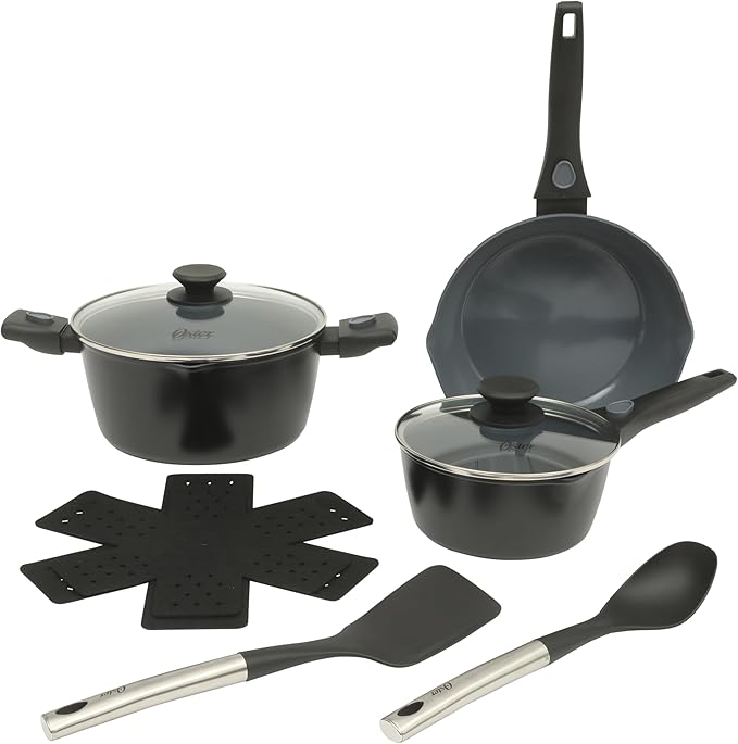 Oster SmartHandle Advance 13-Piece Ceramic Nonstick Cookware Set – Matte Black Finish, Gray Interior, Induction Base, Detachable Handles, Oven & Dishwasher Safe, With Utensils & Pan Protectors