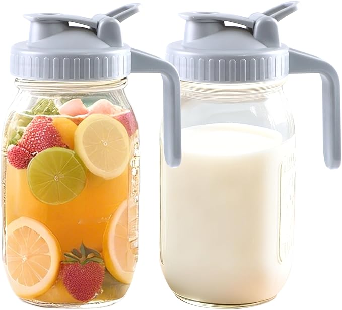 Mason Jar Pitcher With Pour Lid 32 Oz Glass Breast milk Storage Jug 1 Quart Wide Mouth Glass Tea Pitcher With Handle Creamer Container For Fridge Juice, Cold Brew Coffee,Lemonade,Beverage 2 Set