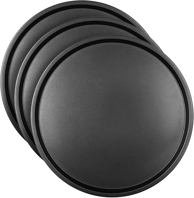 DecorRack 13 Inch Carbon Steel Pizza Pan, [Premium] Non-Stick Coating, Commercial Grade, Serving Tray, Heavy Duty Round Baking Tray for Oven Use (3 Pack)